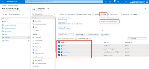 How To Move Azure Resources Between Existing Subscription To New Subscription
